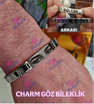 Göz Bileklik Charm Model Kişiye Özel Baskı, ARKASINA YAZI Kaliteli Baskı, Çeliktir, Paslanmaz, Kararmaz (Gümüş)