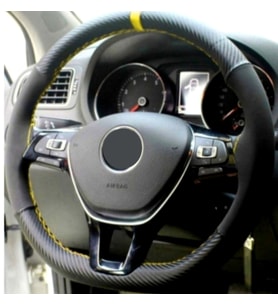Renault Symbol Uyumlu Dikmeli Direksiyon Kılıfı Alkantra-Karbon Sarı Yüzüklü