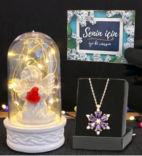 Led Işıklı Fanus ve Gerçek Ametist Taşlı Lotus Kolye Hediye Seti (Model 2)