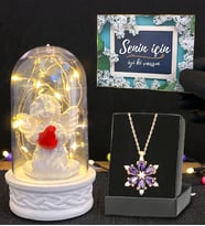 Led Işıklı Fanus ve Gerçek Ametist Taşlı Lotus Kolye Hediye Seti (Model 2)