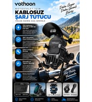 Şarjlı Motosiklet Telefon Tutucu Güneş ve Yağmur Korumalı 15W Kablosuz 360° Döner Gidon ve Ayna Bağl