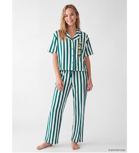 LCW Young Ekru Gömlek Yaka Çizgili Kadın Pijama Takımı