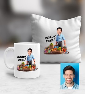 Kişiye Özel Karikatürlü Diyetisyen Kupa ve Yastık Hediye Seti Diyetisyenler Günü Hediyesi Erkek Diyetisyene Hediye (Beyaz)