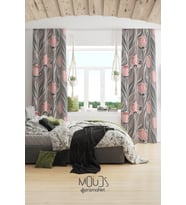 Mirror Flowers 1 Desenli Süet Oturma Odası Salon Fon Perde Baskılı Ekstrafor Büzgü 2 Kanat PRD-1063