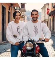 Sevgililer Günü Kombin Erkek Kadın Arslan Görselli Bisiklet Yaka Sweatshirt 5017 (Beyaz)