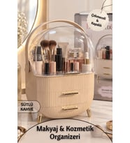 Şeffaf Kubbeli 3 Katlı Taşınabilir Kozmetik Organizeri, Sütlü Kahve