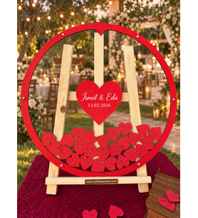 Düğün-Nişan-Kına Yuvarlak Kırmızı Hatıra Anı Kutusu Yazı Alanı Kalp (50CM) Kalem ,Kalp için Kutu ,Şövale Hediyeli