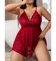 Curvy Vibes Bordo V Yaka İnce Askılı Dökümlü Etekli Mini Büyük Beden Gecelik (2XL/3XL)