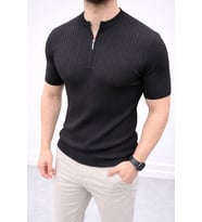 Erkek Kısa Kol Fitilli Triko T-Shirt Yazlık Hakim Yaka Tişört - Siyah