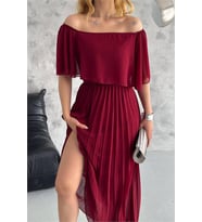 Neşeli butik kadın madonna yaka piliseli şifon elbise NBK2099 (Bordo)