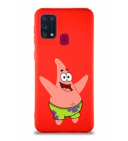 Samsung Galaxy M31 Soft Premier Kapak Patrick Yıldız Tasarımlı Silikon Kılıf - Kırmızı (Şeffaf)