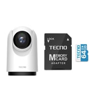 Tecno TH300 3MP 2K Ultra HD 360° Kablosuz Wifi Güvenlik Kamerası + Tecno 64Gb 100Mb/s Micro Sd Hafıza Kartı ve Adaptörü