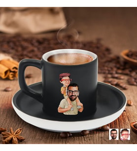 BK Gift Kişiye Özel Baba Oğul Karikatürlü Siyah Renk Türk Kahvesi Fincanı-1, Arkadaşa Hediye, Aileye Hediye, Yıl Dönümü Hediyesi