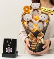 Kişiye Özel Led Işıklı Büyük Boy Gri Peluş Ayıcık Buketi ve Gerçek Ametist Taşlı Lotus Kolye