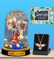 Premium Set - Kişiye Özel Led Işıklı Fanus ve Renkli Zümrüdü Anka Kuşu Kolyesi (Model 7)