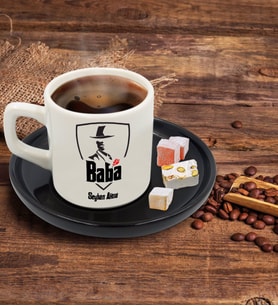 BK Gift Kişiye Özel Siyah Sunum Tabaklı Baba Godfather Tasarımlı Türk Kahvesi Fincanı Model 15