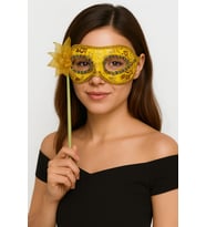Lüks Taşlı Saplı Maskeli Balo Maskesi Altın Renk 35 cm (4767)