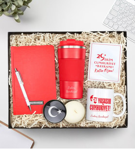 Kişiye Özel Atatürk İmzalı 500 Ml Kırmızı Çelik Termos & Türk Bayrağı Metal Kutulu Mum & Kırmızı Defter & Gümüş Renk Detaylı Beyaz Tükenmez Kalem & Cumhuriyet Baskılı Kupa 29 Ekim Hediye Seti