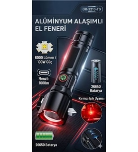 Gold Orion OR-2210-TG 6000 Lümen Dijital Göstergeli Şarjlı El Feneri