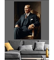 Koltukta Oturan Ciddi Atatürk Portresi Dekoratif Kanvas - Mdf Ahşap Tablo