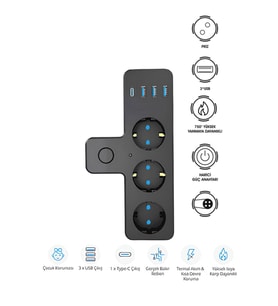Akım Korumalı 3'lü Soket Termal Akım Korumalı Çocuk Korumalı Isıya Dayanaklı 3 xUSB 1xTYPE-C 20W (Siyah)