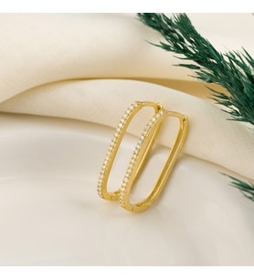 DKMN Gümüş Taşlı Oval Biçimli Dörtgen Küpe 925 Ayar Kadın Gümüş Küpe Ataç Küpe (Gold)