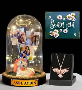 Premium Hediye Seti - Sizlere Özel Led Işıklı Fanus ve Zümrüdü Anka Kuşu Kolyesi (Model 5)