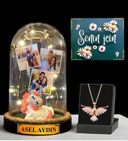 Premium Hediye Seti - Sizlere Özel Led Işıklı Fanus ve Zümrüdü Anka Kuşu Kolyesi (Model 5)