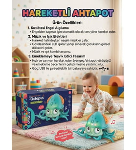 Hareketli Müzikli Işıklı Engelden Kaçan Sensörlü Eğitici Emekleme Arkadaşı Oyuncak Ahtapot TURKUAZ