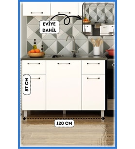 120 cm Beyaz Panovit Mini Evyeli Alt Modül Mutfak Dolabı  Alt Modül Ünitesi