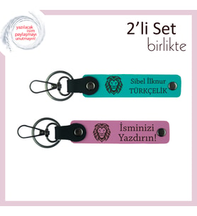Kaplan Motifli Hediye Takımı, Cesaret ve Sadakat Temalı Kişisel Deri Anahtarlık Set, K Turkuaz-Pembe