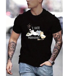 Erkek Baskılı T-Shirt Kısa Kol Bisiklet Yaka Regular Fit Rahat Kalıp Günlük Tişört - Siyah