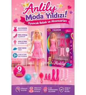 Anlily Moda Yıldızı 30 cm Oyuncak Bebek ve Aksesuar Seti Pembe Elbiseli Kız Çocuk Oyuncağı