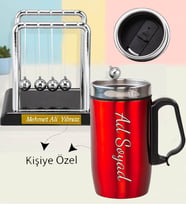 Kişiye Özel İsimli Kırmızı Termos Bardak & Newton Denge Topu Dekoratif