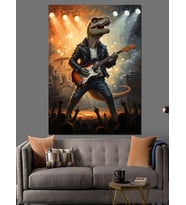 Gitar Çalan Dinozor T-Rex Konseri Dekoratif Kanvas - Mdf Ahşap Tablo