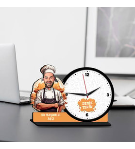 Erkek Aşçıya Hediye Karikatürlü MDF Masa Saati