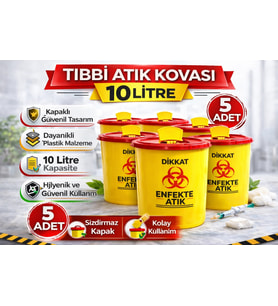 Tıbbi Atık Kovası 10 Litre 5 Adet Kapaklı Tıbbi Atık Kutusu Enfekte Atık Kovası Seti