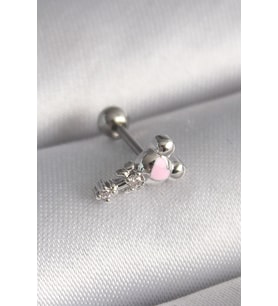 Mey İthalat® 316L Çelik Gümüş Renk Zirkon Taş Detay Pembe Kalp İşleme Tragus Piercing