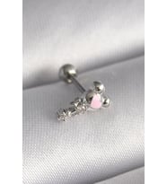 Mey İthalat® 316L Çelik Gümüş Renk Zirkon Taş Detay Pembe Kalp İşleme Tragus Piercing
