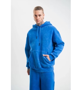 Unisex Double Oversize Kapşonlu Yıkamalı SweatShirt - Mavi