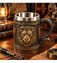 Aslan Figürlü 3D Kabartmalı Dekoratif Kupa Paslanmaz Çelik İç Hazneli Bronz Tasarım Bardak