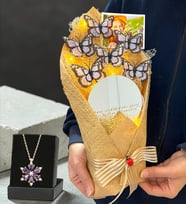 Kişiye Özel Fotoğraflı Işıklı Aynalı Beyaz Kelebek Buketi ve Gerçek Ametist Taşlı Lotus Kolye (Model 6)