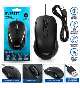KABLOLU USB - IŞIKLI SİYAH OPTİCAL MOUSE 1200 DPI SM-216 (5343)