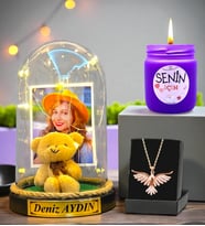 Premium Hediye Seti Size Özel Led Işıklı Fanus, Kokulu Mum ve Ametist Taşlı Anka Kuşu Kolye (Model 3)