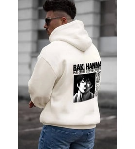 Erkek Baskılı Kapüşonlu Ve Kordon İpli Sweat - Beyaz