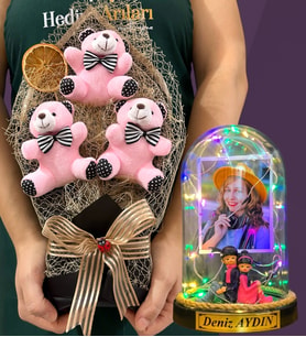 Size Özel Renkli Led Işıklı Fanus ve Büyük Boy Pembe Ayıcık Buketi (Model 7)