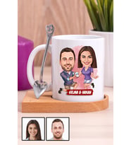 Eşe Yıldönümü Hediyesi Karikatürlü Ahşap Altlıklı Beyaz Kupa Bardak