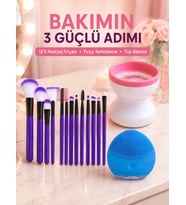 3’lü Güzellik ve Kişisel Bakım Seti 12’li Makyaj Fırçası Fırça Temizleme Cihazı ve Yüz Temizleme Cih