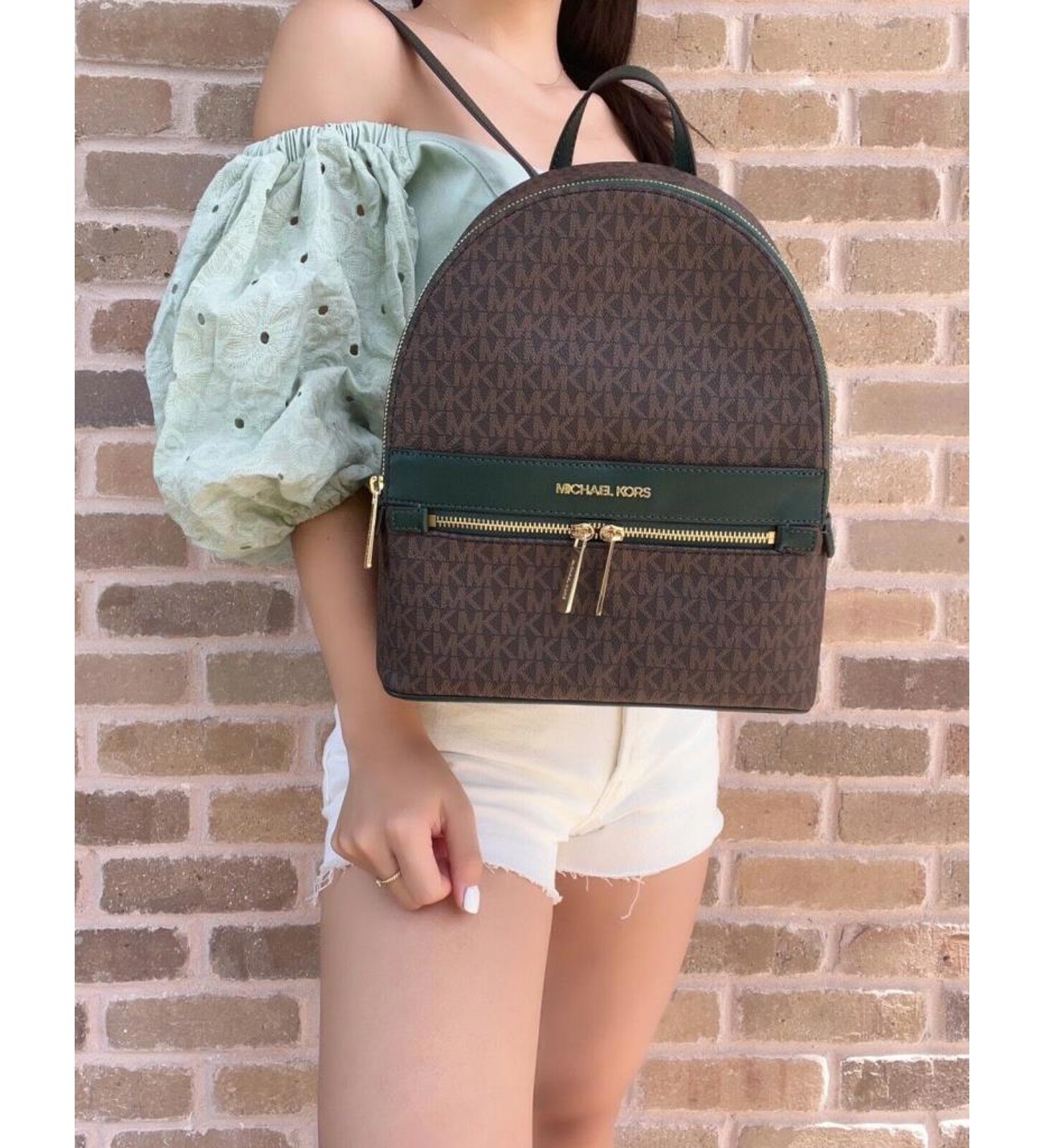 Michael Kors Kenly Medium Backpack MK Brown Racing Green Michael Kors Kenly Backpack Medium MK Signature... | Depop main image 3