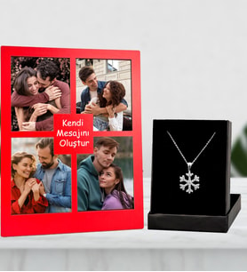 Kişiye Özel 4 Fotoğraflı Kendi Mesajını Oluştur Kırmızı Renk Kolaj Masaüstü Çerçeve Ve Gümüş Kaplama Kartanesi Kolye